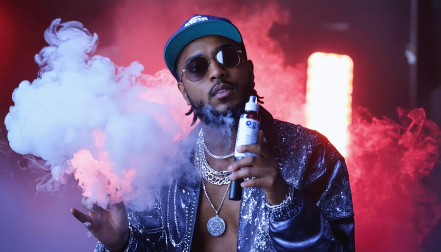 Popular musician displaying custom-branded vaping device at launch party