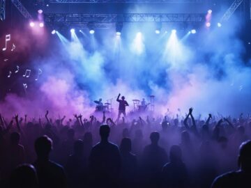 Conceptual image showing the synergy of vape culture and music industry, featuring a concert scene with stage lights blending into vapor and musical symbols.