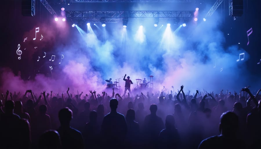 Conceptual image showing the synergy of vape culture and music industry, featuring a concert scene with stage lights blending into vapor and musical symbols.
