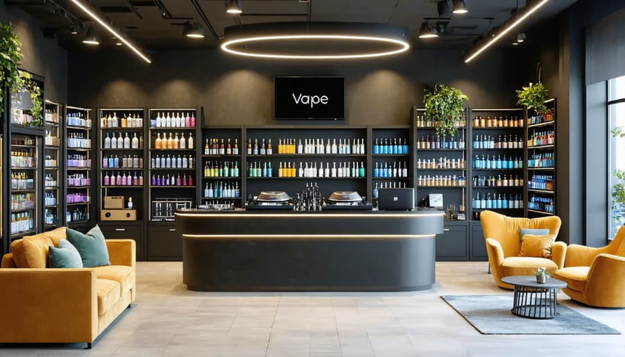 Stylish vape retail space with integrated music setup and comfortable seating