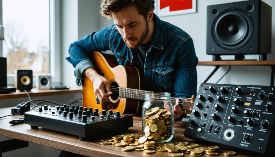 Canadian indie musician in a home studio reaching for a jar of gold coins on a desk with audio interface and guitar, soft daylight, with a blurred guitar case featuring a red maple leaf sticker in the background