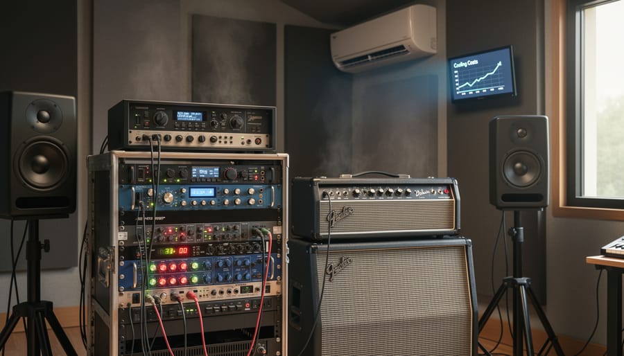 Audio equipment and computer on a rack with visible vents and indicator lights in a rehearsal studio