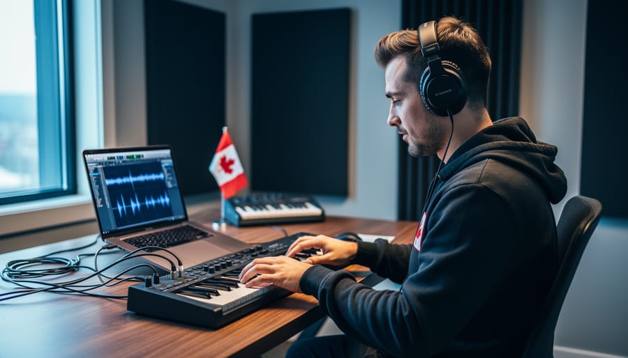 A Canadian music creator composing in a studio with headphones and a MIDI keyboard, illustrating protecting and licensing music rights.