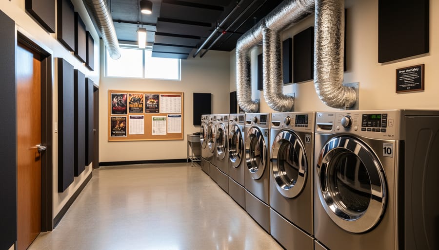 Clean, modern clothes dryer with proper exhaust connection in a building service area