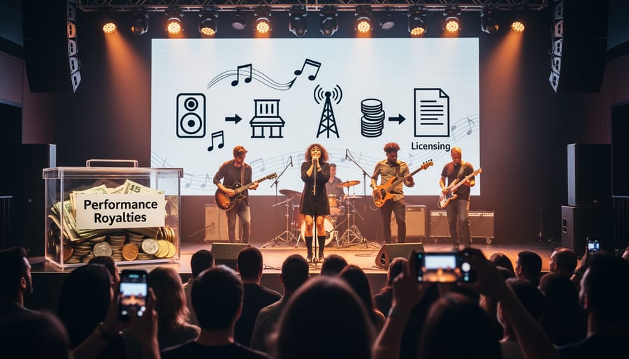 Singer performing on a live stage with dramatic spotlights and blurred crowd in the foreground.