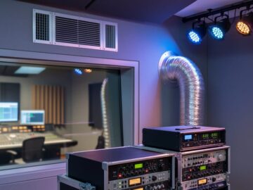 Music studio interior showing an HVAC vent and exhaust duct near stage lighting and audio equipment, suggesting ventilation and efficiency maintenance.
