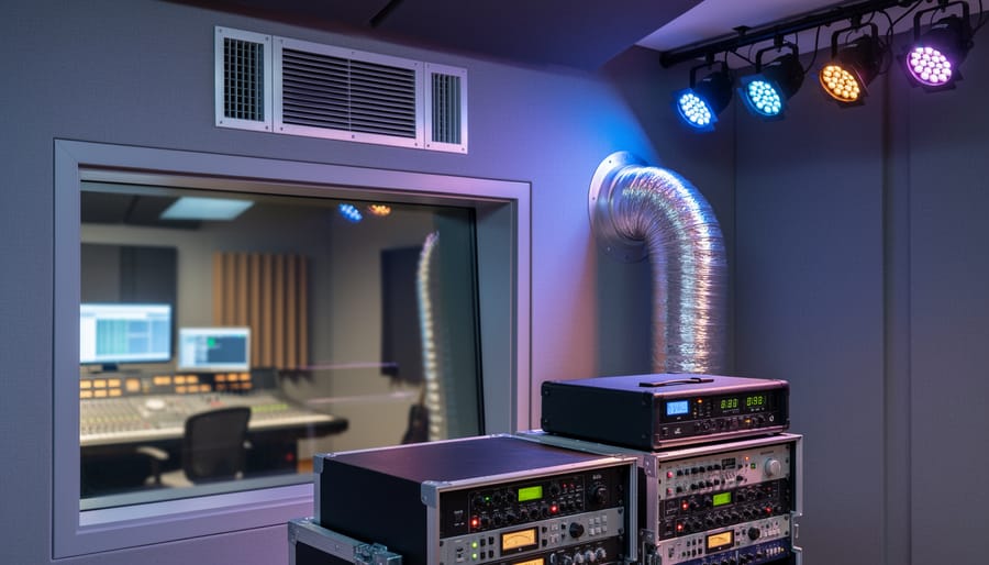 Music studio interior showing an HVAC vent and exhaust duct near stage lighting and audio equipment, suggesting ventilation and efficiency maintenance.