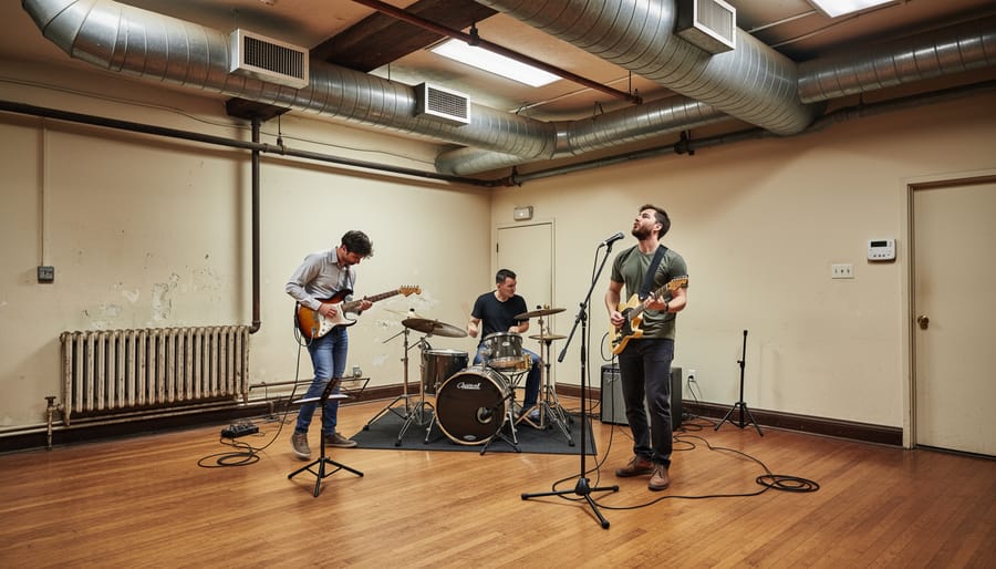 Musician adjusting audio equipment in a rehearsal space with visible thermostat and HVAC vent in the background