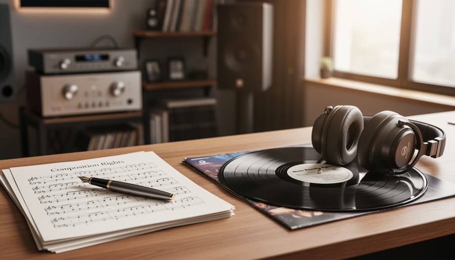 Sheet music pages and a vinyl record sleeve arranged on a studio desk to represent composition and master rights.