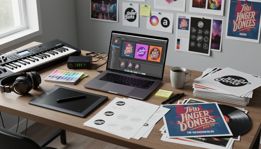 A musician’s creative workspace with an open sketchbook, vinyl sleeve, art prints, and a laptop showing non-readable design thumbnails.