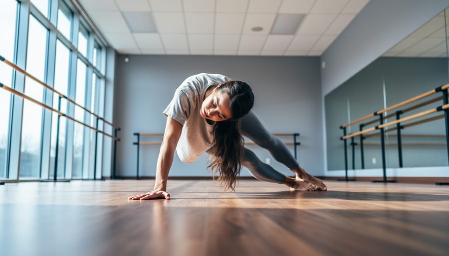 Beginner practicing contemporary dance floorwork in a bright studio with soft window daylight and expressive movement posture.
