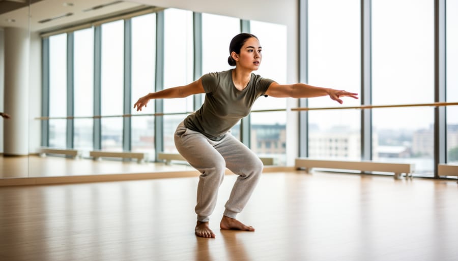 Beginner contemporary dancer balancing barefoot in a dance studio with soft studio lighting.