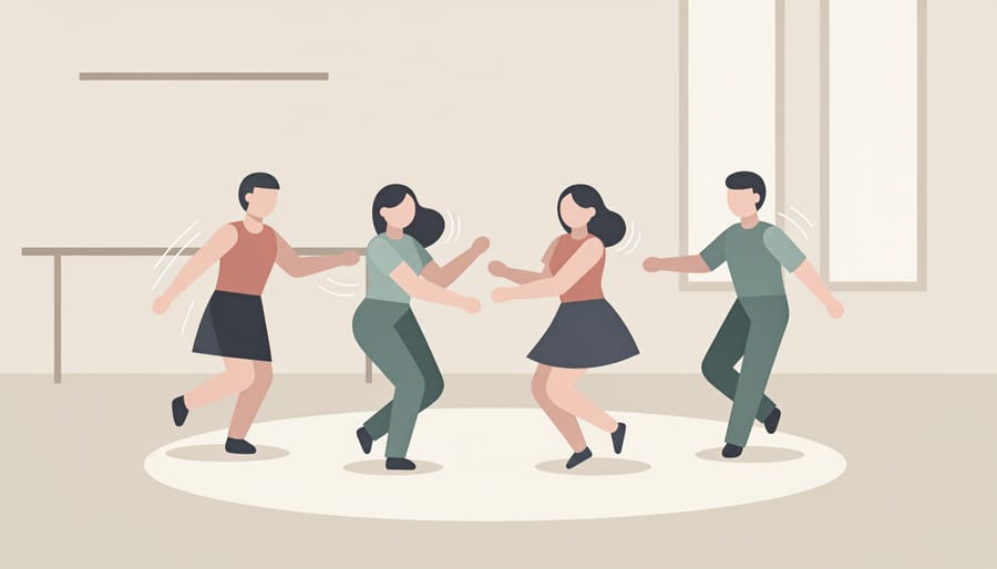 Beginners practicing contemporary dance together in a studio circle with one dancer in sharp focus.