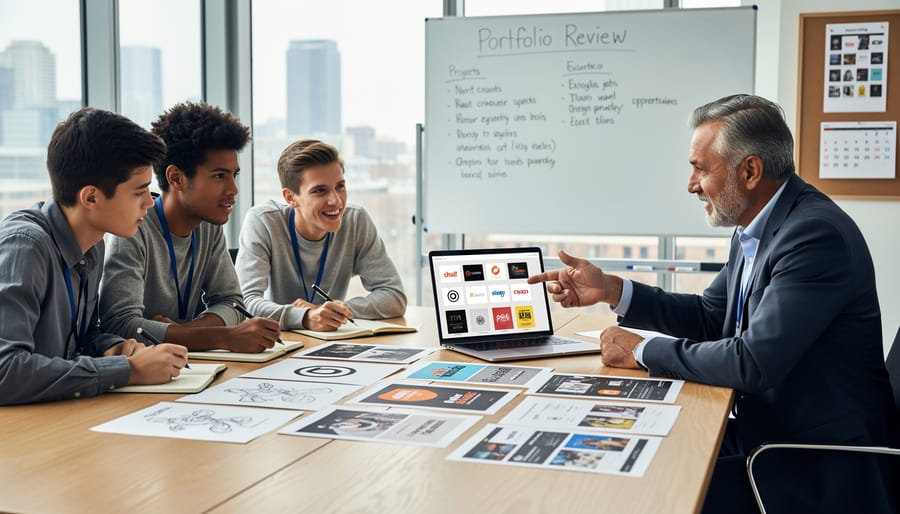 Hands presenting printed portfolio sheets of artwork to a reviewer in an office setting.