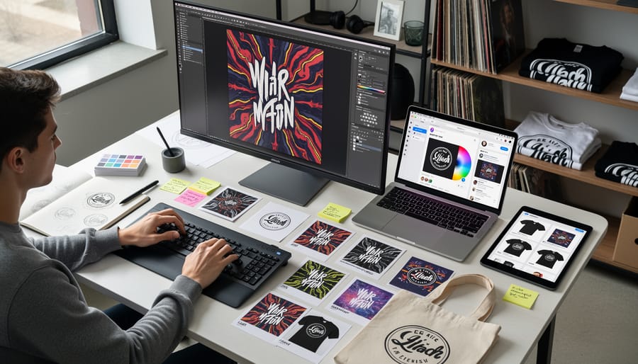 Hands using a stylus on a graphic tablet with printed mockups, color swatches, and art tools on a desk.
