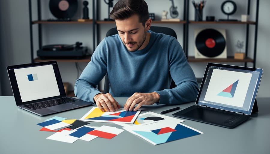 “Musician using design tools to assemble color swatches and shapes for album cover visuals on a desk beside a laptop and drawing tablet”
