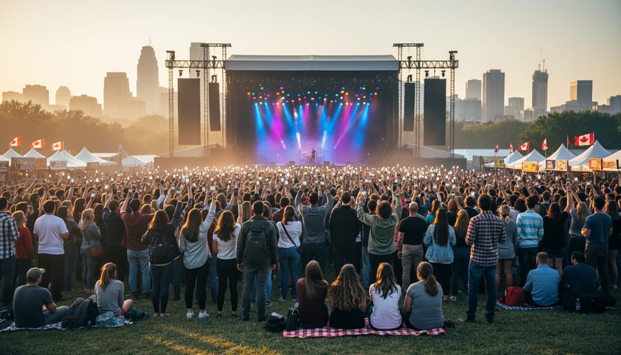 Wide view of a packed outdoor Canadian music festival with a large stage and colorful concert lights during golden hour.