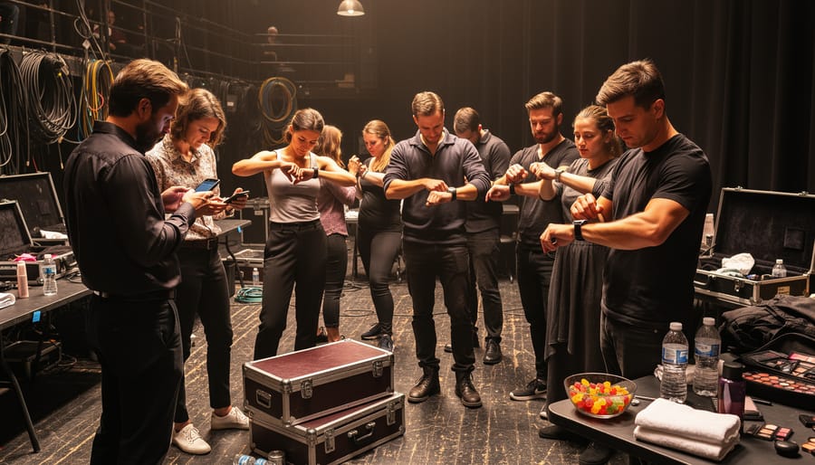 Musician backstage adjusting a guitar strap while a clear jar of gummies sits on a table with bandmates nearby
