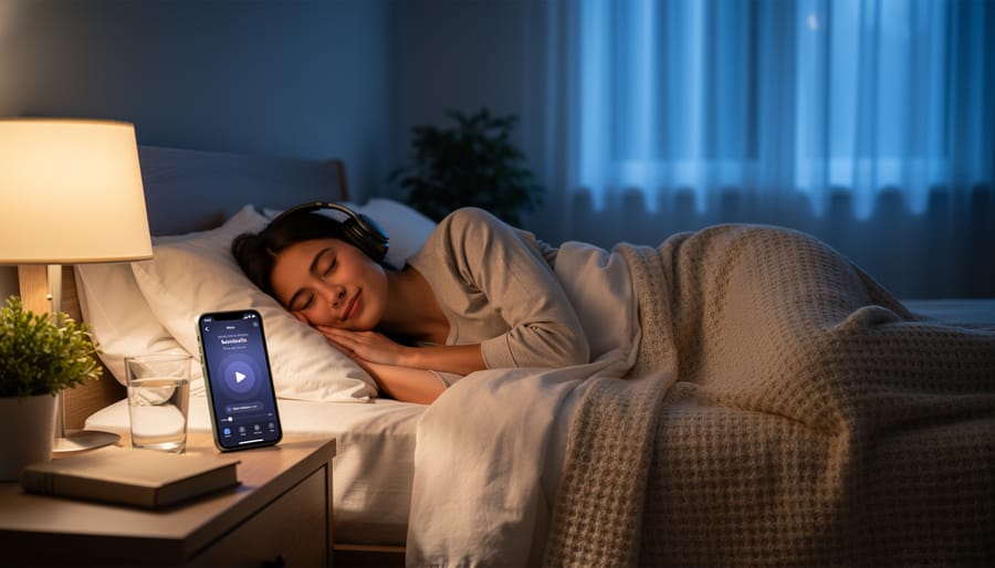 Sleeping person in a dim bedroom with a small bedside speaker casting a soft glow.