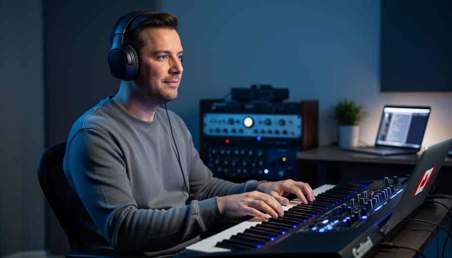 A musician wearing headphones in a dimly lit Canadian home studio, relaxing at a keyboard with blue LED lighting to support better sleep and creative recovery.