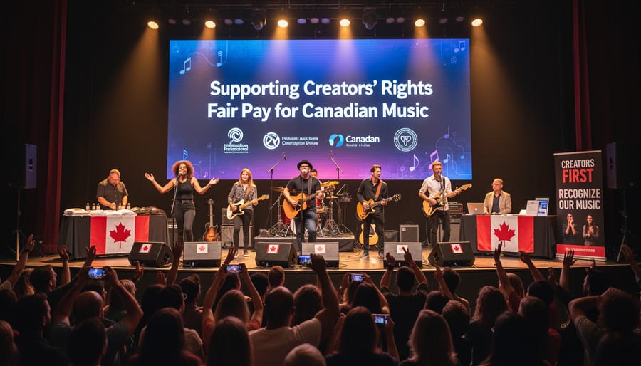 Diverse Canadian musicians performing live on stage with audience silhouettes in the foreground