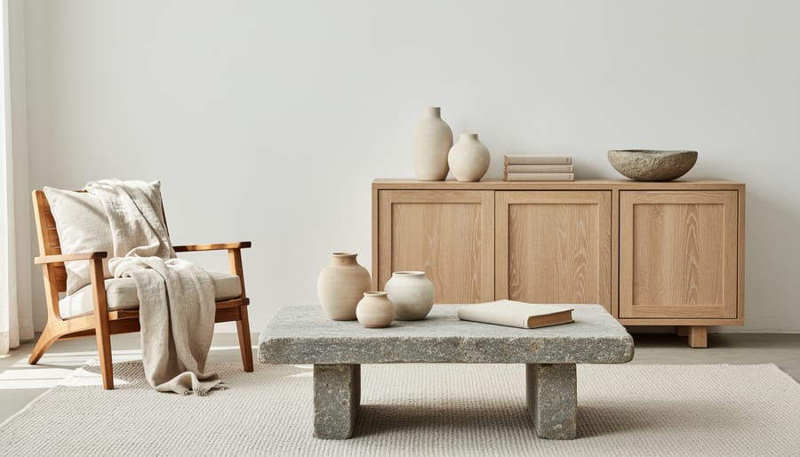Close-up of a shelf vignette with stone tray, wood bowl, linen fabric, woven basket, and handmade ceramics in muted coastal colors.