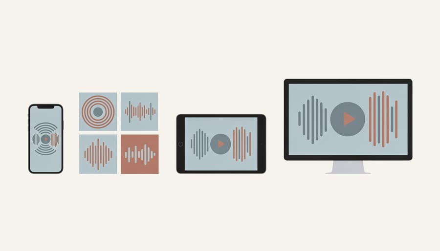 Music branding items like a vinyl sleeve, poster, and phone mockup arranged on a dark table under side lighting