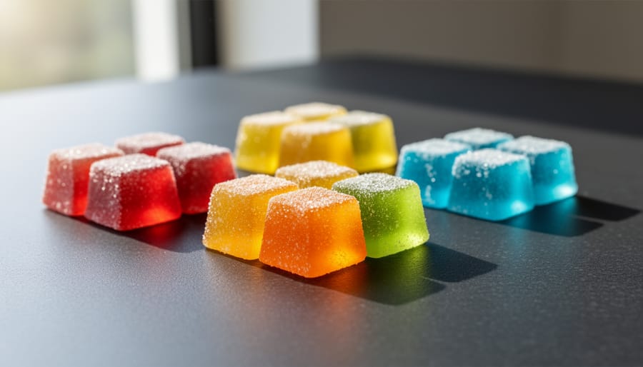 Close-up of colorful delta-9 THC gummies on a dark wooden surface