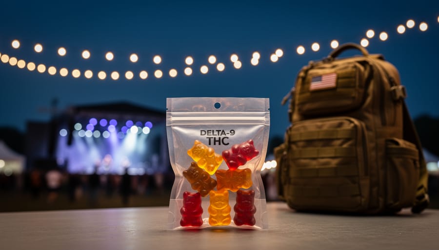 Close-up of hemp-derived delta-9 gummies with festival lights and a distant stage blurred in the background.