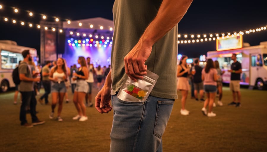 Person holding a small clear pouch near a music festival crowd at night with stage lights in the background