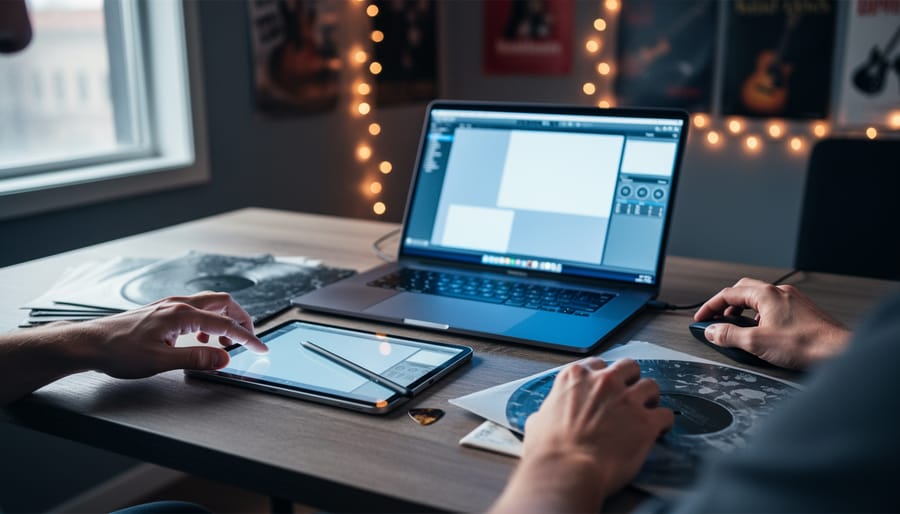 Two people collaborating on a musician’s studio desk using a laptop and tablet for design work, with music-themed items in the background.