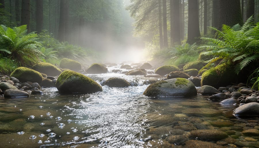 A forest stream flowing over stones with misty dusk lighting and blurred trees in the background.