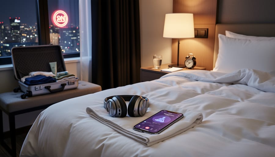 Headphones and travel gear on a hotel bed during nighttime with city lights in the background