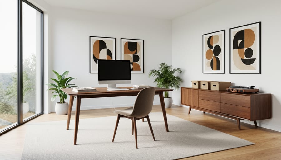 Mid-century modern musician studio with walnut desk, minimal shelving, and instrument setup in soft lighting.