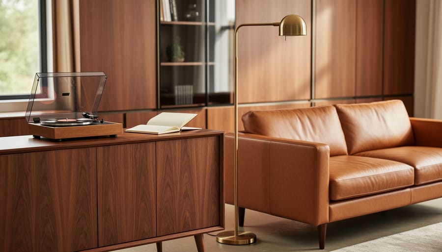 Mid-century modern living room featuring a walnut credenza, low leather sofa, and brass floor lamp in warm natural daylight.