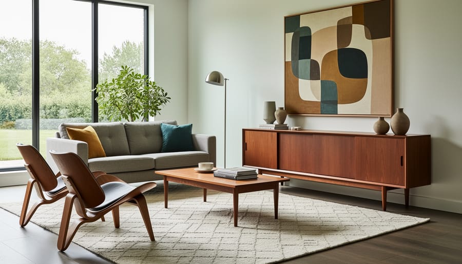 Mid-century modern living room featuring a walnut credenza, low sofa, and brass floor lamp in warm natural light.