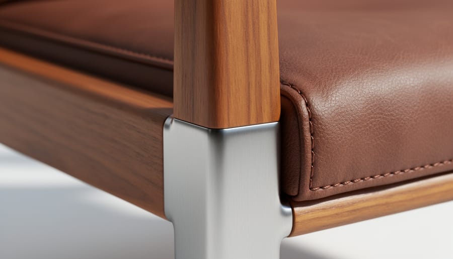 Close-up of teak wood grain, brushed steel hardware, and leather textures in a mid-century modern setting.
