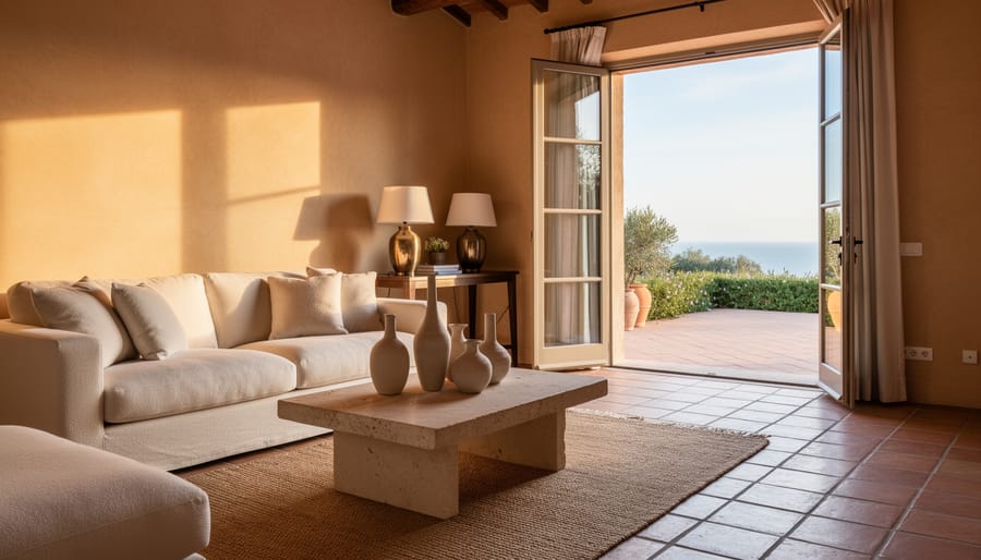 Sunlit Mediterranean living room featuring terracotta tiles, limestone furniture, creamy textiles, and brass accents with open doors leading to a coastal patio.