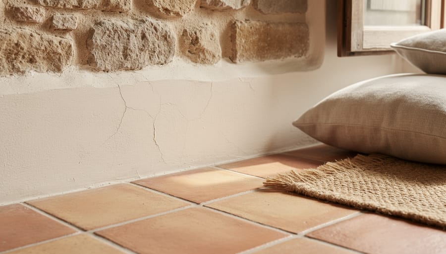 Close-up still life of Mediterranean interior materials including terracotta tiles, stone plaster, weathered wood, wrought iron, and handwoven textiles