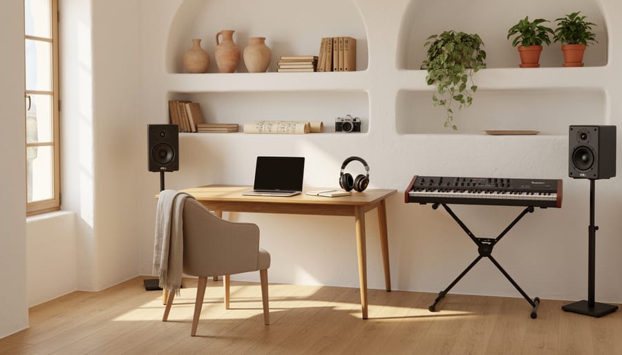 Modern Mediterranean-inspired creative studio desk with Cloud Dancer tones, brass lamp, handwoven textiles, and sea-air sunlight