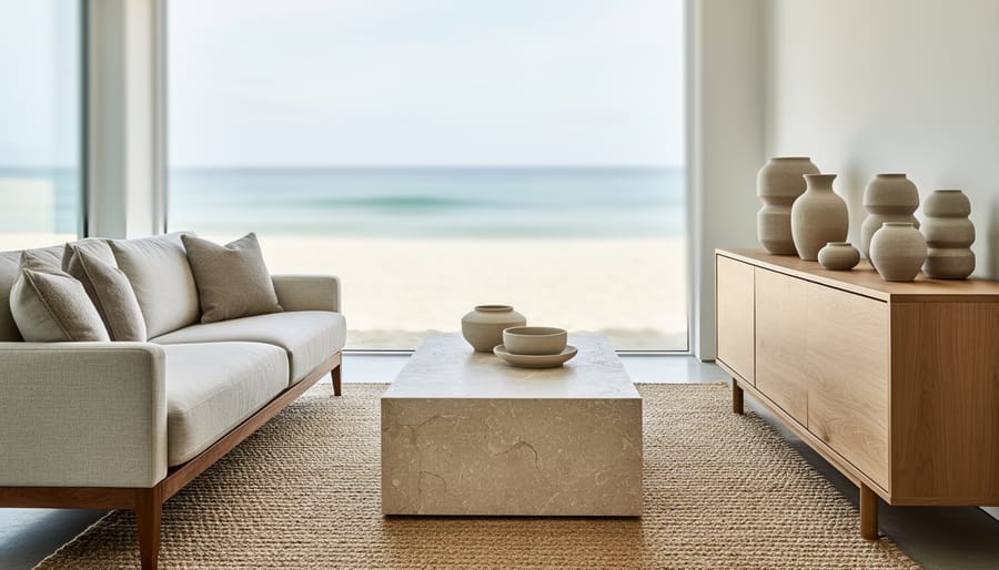 Sunlit modern coastal living room with linen sofa, woven rug, warm timber, and stone-textured coffee table in soothing neutral tones.