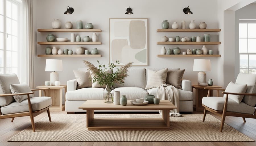 Modern collected coastal living room with a linen sofa, warm timber coffee table, woven baskets, and handmade ceramics in soft natural light.