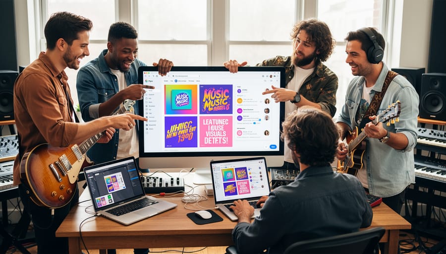 Music collaborators working together around a laptop with colorful design drafts and printed mockups in a studio