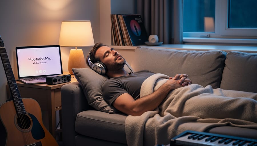 Musician lying in bed with eyes closed and headphones on in a quiet studio at night
