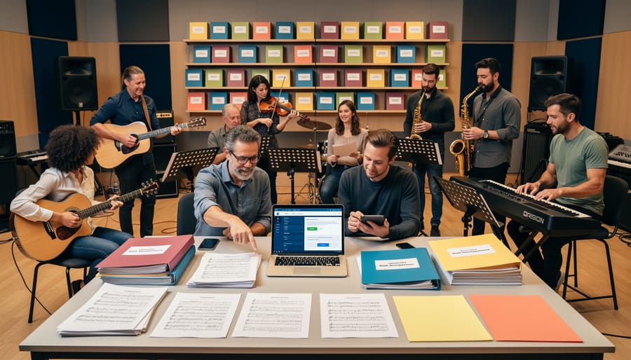 Diverse musicians holding folders of paperwork during rehearsal in a room with instruments