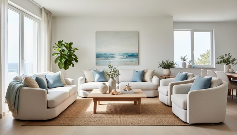 Sunlit dining nook with rounded furniture, woven chairs, and uncluttered modern coastal styling in warm neutral tones.