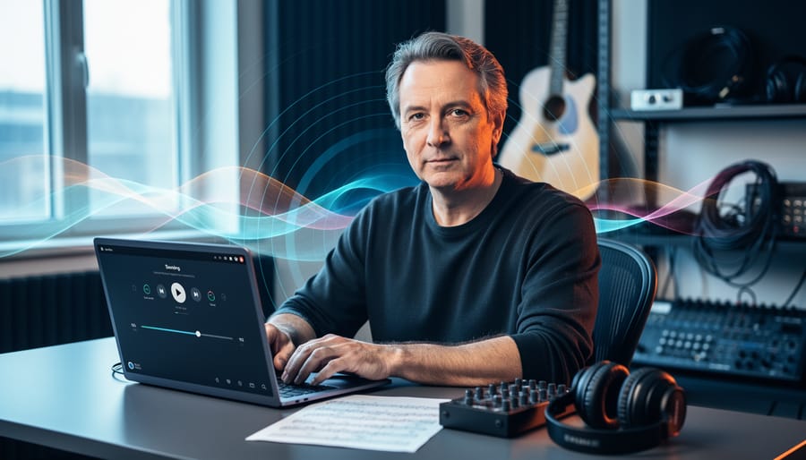 A Canadian music creator works in a studio with instruments and sheet music while abstract radio and streaming light trails suggest royalty collection and distribution.