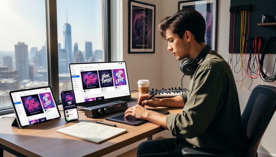 Musician working on abstract album art with a tablet while collaborating remotely from a desk by a window