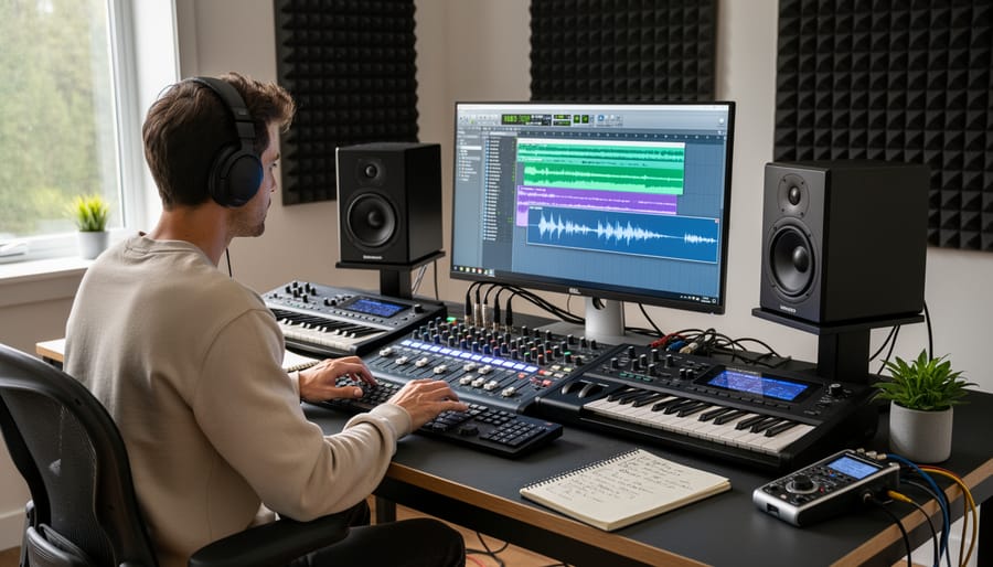 Music producer wearing headphones in a sound-treated studio with studio monitors and recording equipment.