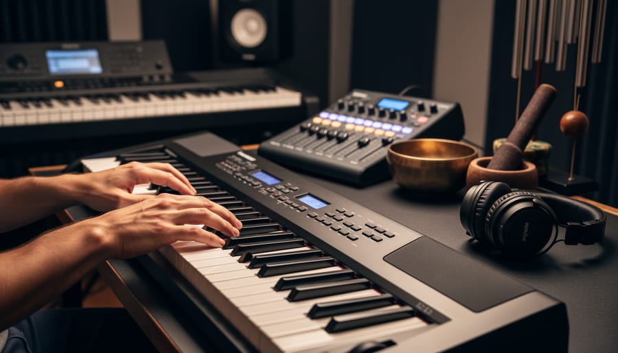 Musician’s hand near a synthesizer and singing bowl in a dim studio